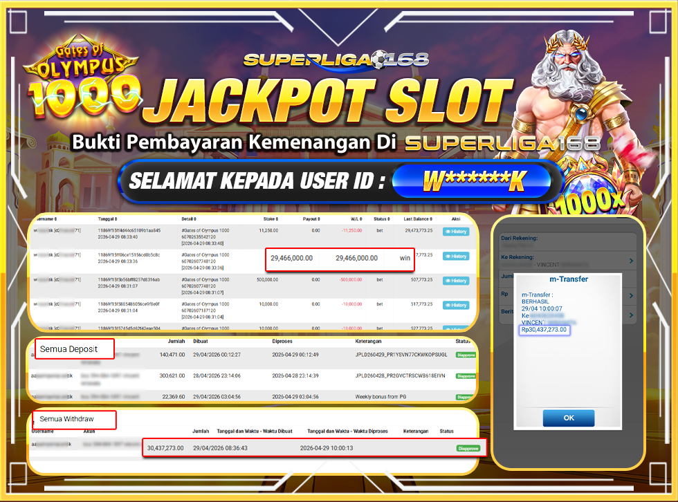 SUPERLIGA168 JACKPOT GATES OF OLYMPUS 1000 Rp.30,437,273LUNASSSSSS